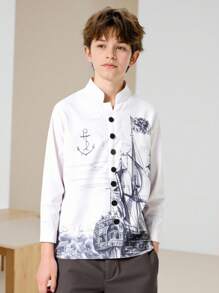 SHEIN 年轻男孩时尚帆船印花立领长袖衬衫，休闲夏季风格 - 白色 - 查看 9