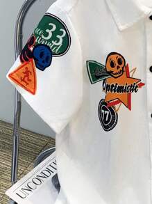 SHEIN Tween Boy 休闲宽松街头字母图案 Polo 领短袖衬衫，适合通勤、上学、日常休闲外出、运动、春夏 - 白色 - 查看 4