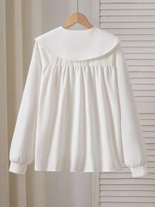 SHEIN Cute Japanese Style Button Up Shirt For Girl, Spring/Autumn Unique Design Layering American Shacket Long Sleeve Top Fall Winter - White - View 2