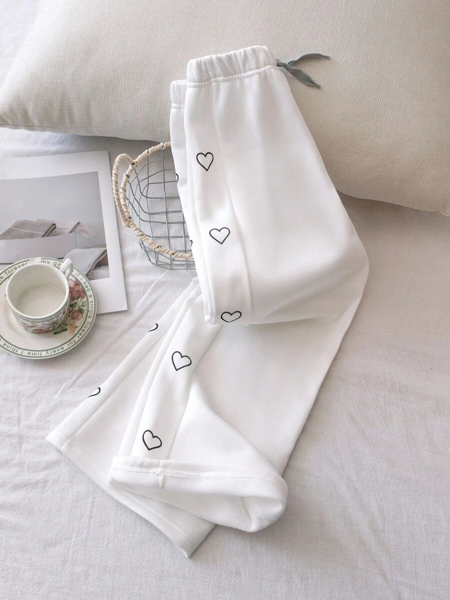 1 件时尚年轻女孩白色中腰直筒裤，带有俏皮心形印花和口袋，温暖，适合旅行、居家、学校、休闲装，秋冬 - 白色 - 查看 1