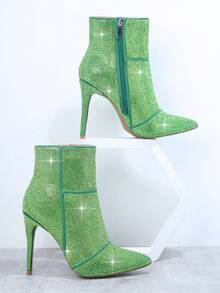 SHUZIA 水鑽裝飾側拉鍊細跟靴子 - 綠色 - 查看 2