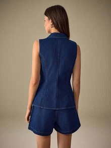 Selenza Bộ áo vest và quần short denim đi làm thường ngày dành cho nữ - Màu xanh lam - Xem 6