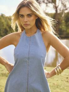 Aralina 女士时尚性感条纹印花扣露背挂脖牛仔连衣裙，夏季