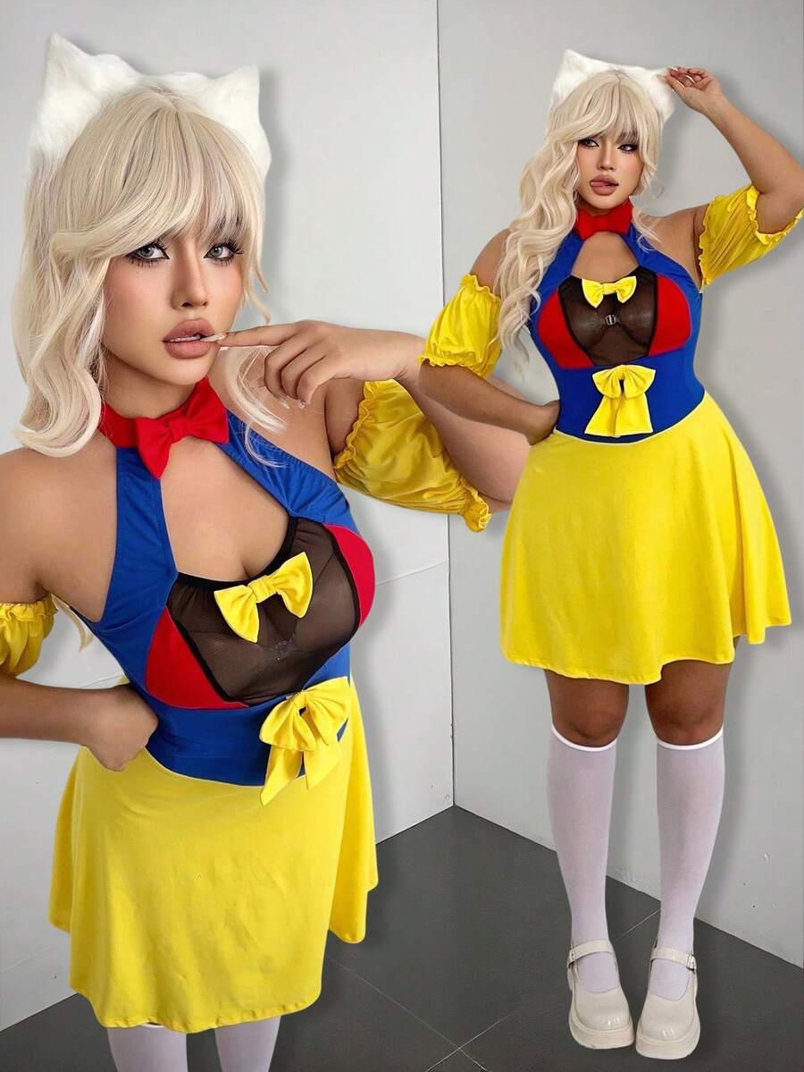 Sunspun 服装逃亡公主可爱性感泡泡袖蝴蝶结短款连衣裙 - 黃色 - 查看 1