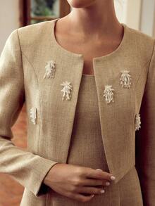 ZEYLAH Women's Floral Decor Long Sleeve Cardigan And Dress Elegant 2 Pieces Set Fall Cloth For Women