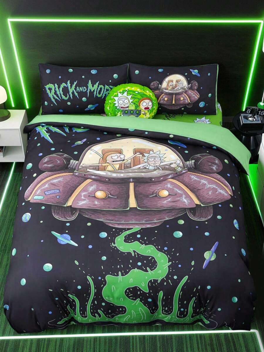 Rick and Morty X SHEIN 3件套床上用品,星球图案绿色羽绒被套,柔软透气,保暖,适合各种床尺寸 - 彩色 - 查看 1