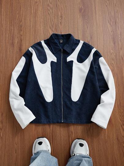 SWAVVY 男士时尚日常休闲宽松拼接灯芯绒长袖衬衫，秋冬款