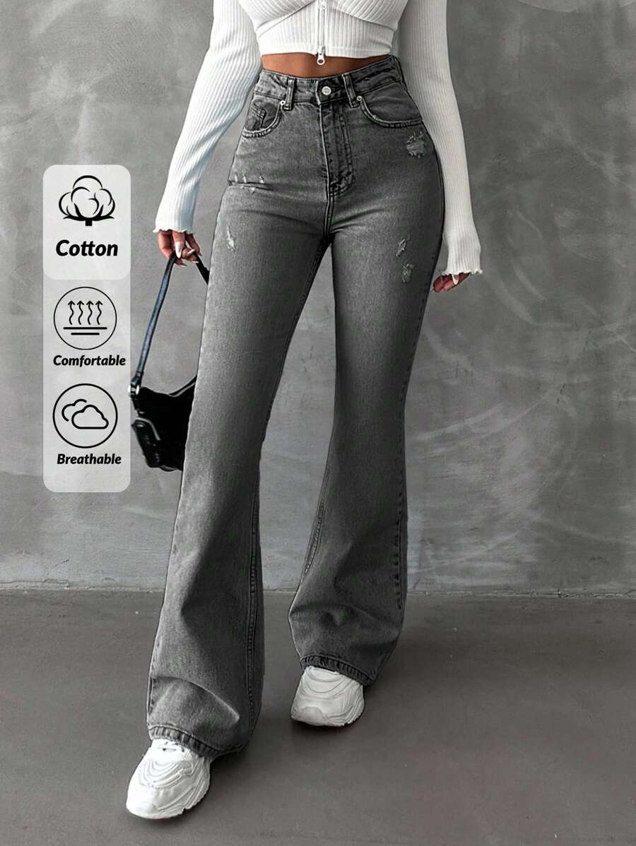 EURMUSE Women's High Waist Distressed Flare Long Jeans - Grey - View 1
