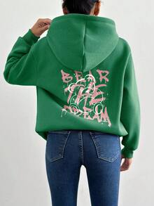 EURMUSE Women's Autumn Letter & Cartoon Bear Print Drop Shoulder Casual Hoodie Sweatshirt - Green - View 1