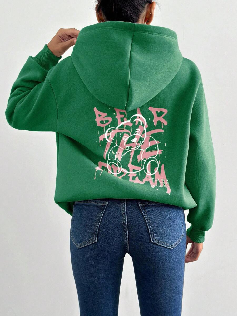 EURMUSE Women's Autumn Letter & Cartoon Bear Print Drop Shoulder Casual Hoodie Sweatshirt - Green - View 1