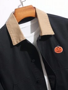 Manfinity Homme 男士南瓜印花长袖牛仔外套，万圣节送给男友/老公的礼物，适合外出穿着，秋季必备 - 黑色 - 查看 3