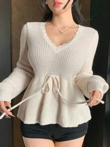 DAZY Women's Solid Color Elegant Commuter Ruffled Splice Drawstring Tie Waist V-Neck Floral Splice Pullover Knit Sweater, Long Sleeve, Autumn/Winter - Beige - View 7