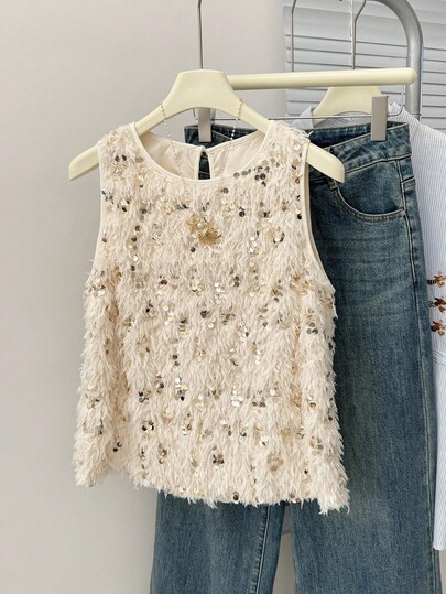 SHEIN Frenchy Blusa de moda de cuello redondo sin mangas con diseño de lentejuelas y unicolor para mujer