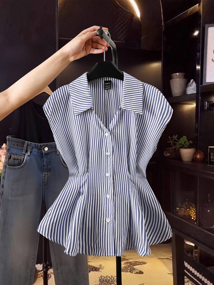 Franclia 优雅无袖上衣，条纹衬衫，修腰泡泡袖上衣，适合女性