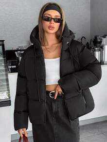 EURMUSE Áo khoác mùa đông thường ngày màu trơn tay dài có khóa kéo phía trước dành cho nữ - màu đen - Xem 1