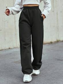 SHEIN Cottnline 女款純色彈性腰運動褲 - 黑色 - 查看 3