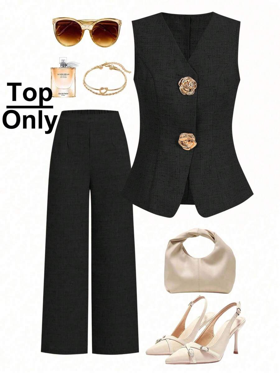 Ellevyn 女式无袖金属玫瑰纽扣衬衫，法式风格，休闲通勤衬衫，美观大方，夏季 - 黑色 - 查看 1