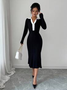 Rafferiza Women's French Casual Style Slim Fit Polo Collar Long Sleeved Woolen Fabric Contrasting Color Metal Buckle Half Placket Black And White Women's Autumn And Winter Sweater Dress - Black and White - View 6