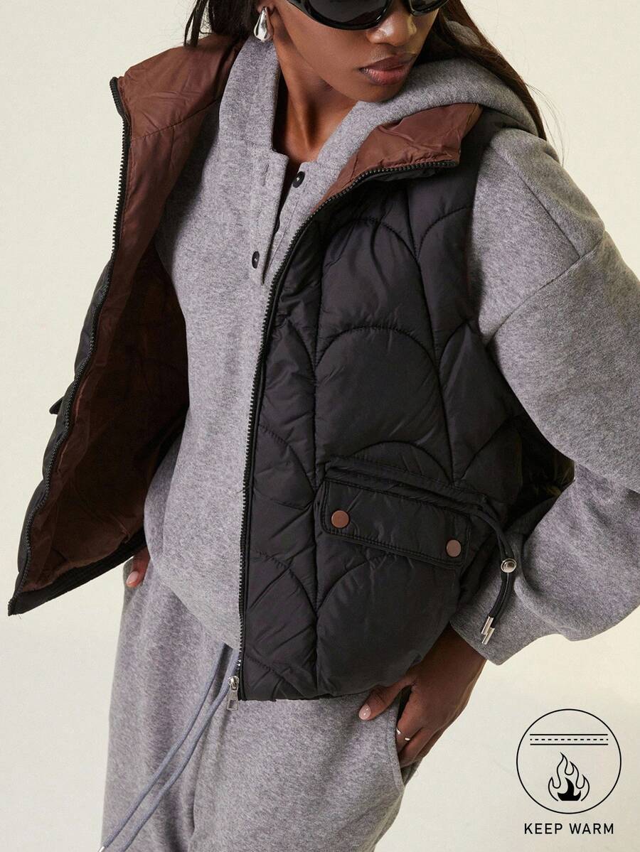 Sleeveless Loose Cropped Padded Vest Jacket, Stand Collar, Lapel, New Style For Winter - Black - View 1