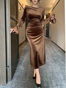 DAZY Vestido midi de unicolor elegante con abertura para mujer, otoño