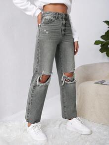SHEIN EZwear Quần jean ống đứng rách thô Y2k - Xám - Xem 4