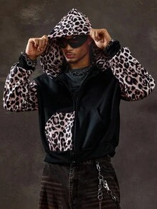 ROMWE MEN Street Life Men's Leopard Print Patchwork Loose Sweatshirt , Fall - Multicolor - View 4