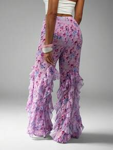 MISSGUIDED Elegant Floral Printed Chiffon Ruffle Flare Pants For Women High Waist Bell Bottom Pants Evening Party Wedding Guest Statement Trousers - Pink - View 2