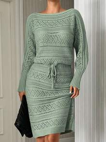 SHEIN Solid Color Holow Out Batwing Sleeve Sweater, Spring/Fall Season, Long Sleeve Top Sweater Dress,Winter Dresses For Women,Petite