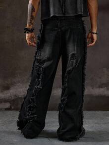 ROMWE MEN Grunge Punk Men's Loose Fit Distressed Pocket Wide Leg Jeans - Black - View 6