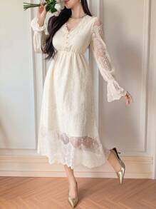 DAZY Women's V-Neck Button Design Ruffle Sleeve Elegant Lace Mid-Length Dress - Beige - View 3