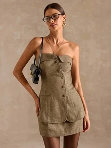 SHEIN BAE 女式纯色紧身胸衣上衣和迷你裙两件套 - 卡其色 - 查看 5