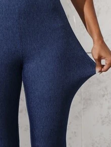 SHEIN FlexDen 女士时尚圆领细肩带针织牛仔连体裤，夏季 - 中等水洗藍 - 查看 5