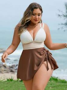 Swim Lushoire Plus Size Swimsuit 2 Pieces Set, Colorblock With Criss-Cross Straps - Multicolor - View 1