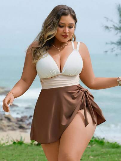 Swim Lushoire Traje de baño de talla grande de 2 piezas, con bloques de color y tirantes cruzados