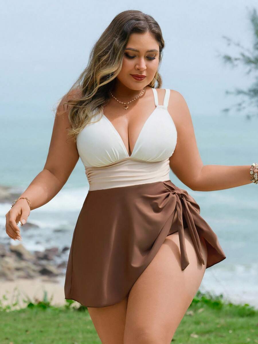 Swim Lushoire Plus Size Swimsuit 2 Pieces Set, Colorblock With Criss-Cross Straps - Multicolor - View 1