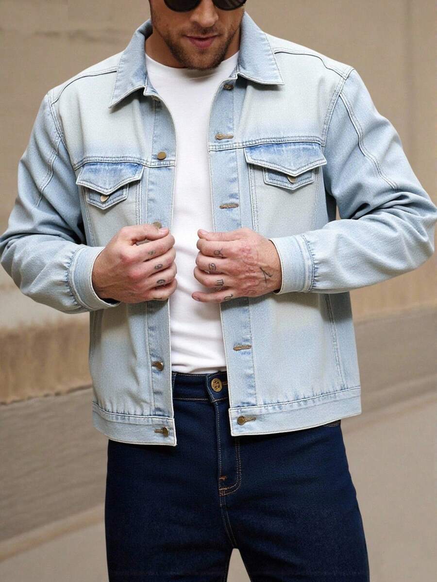 Manfinity Homme 时尚男士现代休闲浅色水洗牛仔夹克，采用经典领口、袖口长度和实用胸袋设计，是一款百搭的男士牛仔单品。 - 淺色水洗藍 - 查看 1