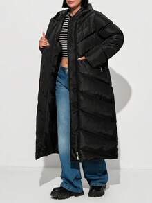 EURMUSE Solid Color, Asymmetric Zip-Up, Winter Coats - Black - View 8