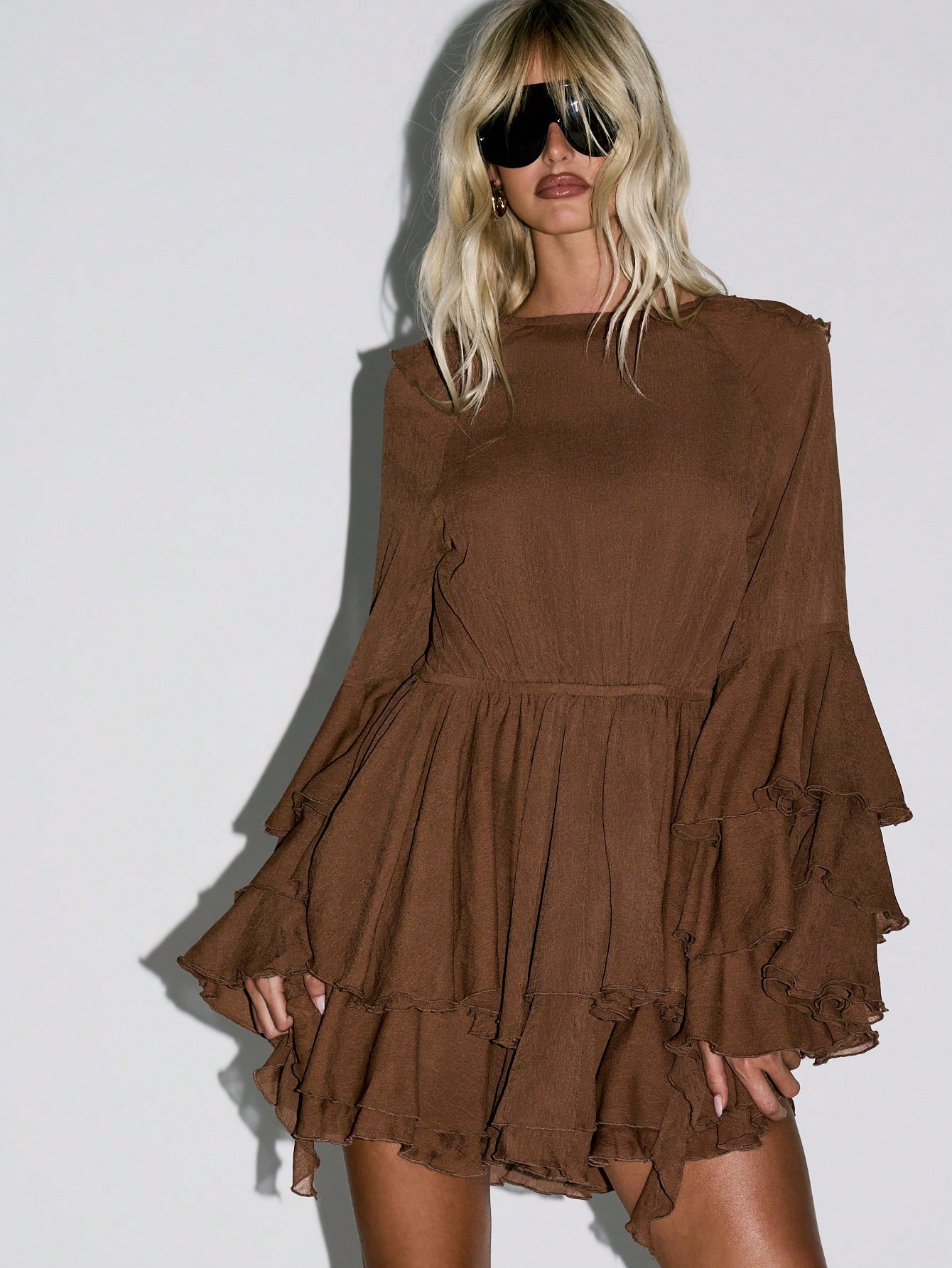 KIZN Ruffled Tiered Mini Dress With Bell Sleeves