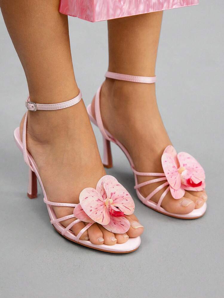 CUCCOO CHICEST Women's Elegant Peep Toe Ankle Strap High Heel Sandals, Floral Embellished Faux Leather Shallow Pink Heels For Summer, Suitable For Afternoon Tea, Date, Party, Vacation