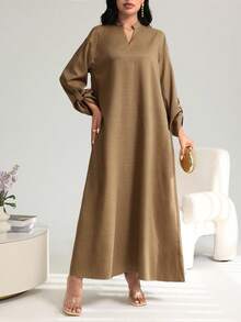Al Najma Minimalist Commuter Turnup Sleeve Casual Arabic Style Dress - Khaki - View 3