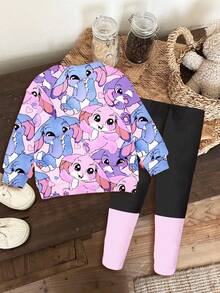 SHEIN Bộ 2 quần áo nỉ dài tay cổ tròn và quần legging in hình thỏ xanh hoạt hình dễ thương Lulu & bé gái, phù hợp cho mùa thu/đông - Nhiều màu - Xem 3
