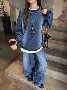 DAZY 女士休闲水洗牛仔上衣和裤子套装 - 藍色 - 查看 4