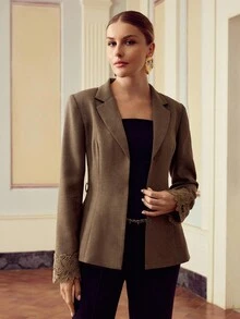 ZEYLAH Women's Elegant Jacket With Lace Cuffs And Lapel Collar, Suitable For Commuting, Autumn/Winter - Brown - View 7