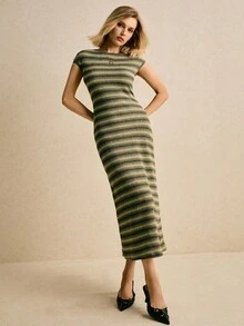 Poéselle Green Dress,Olive & Charcoal Ribbed Knit Bodycon Midi Dress With Cap Sleeves – Cozy Fall Striped Sweater Dress, Striped Knit Dress,Ribbed Sweater Dress,Olive Green Outfit,Fall Bodycon Dress,Minimalist Knitwear,Quiet Luxury Style, Cap Sleeve Midi Dress, Cozy Fall Fashion,Women's Striped Dolman Sleeve Round Neck Fitted Casual Mid-Length Dress,Ribbed Knit Dress Striped Knit Dress Fitted Knit Dress Knit Midi Dress Earth Tone Knit Dress - Multicolor - View 5