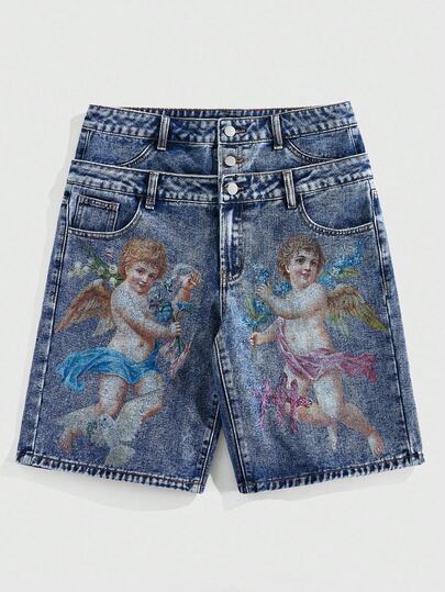 Street Life Shorts en jean décontractés pour hommes avec graphique d'ange sur la poche et la taille