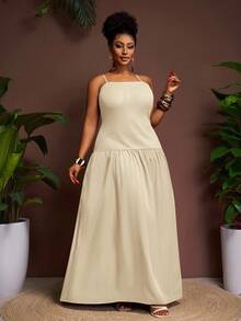 春夏新款度假休闲优雅派对纯色咖啡色修身无袖吊带背心针织镂空拼接梭织面料大码女式修身A字连衣裙 - 杏色 - 查看 5