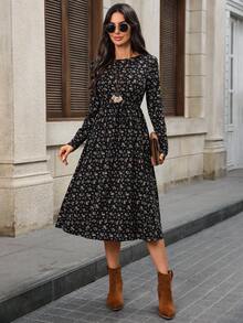 EMERY ROSE 女式碎花圆领长袖休闲中长连衣裙 - 彩色 - 查看 7