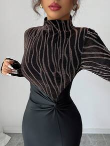 Modelyn Women's Zebra Striped Stand Collar Long Sleeve Side Slit Hem Twist Waist Bodycon Dress With Foil Printing, Elegant Evening Party Dress,Ladies Elegant Split,Split Thigh,Twist Long Sleeve Stand Collar Slim Fit Long Black Regular Sleeve Graphic Bodycon Women Long Dresses,Spring/Fall,Casual Daily Wear Maxi Women Outfit Long Evening Dresses - Multicolor - View 1