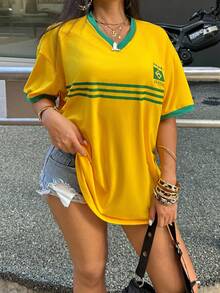 Rovax Plus Size Women's Summer Striped V-Neck Dropped Shoulder Loose Casual T-Shirt Graphic Tees Women Tops - Multicolor - View 4