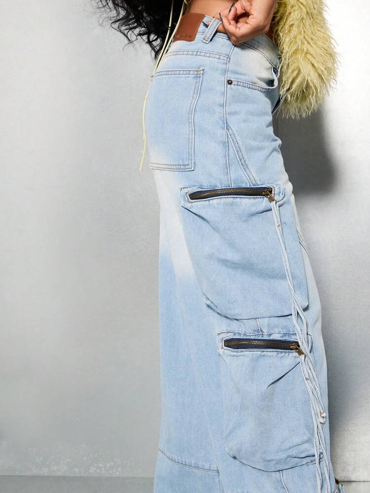 SUMWON WOMEN Wide Leg Cargo Denim With Multi Pockets And Zippers